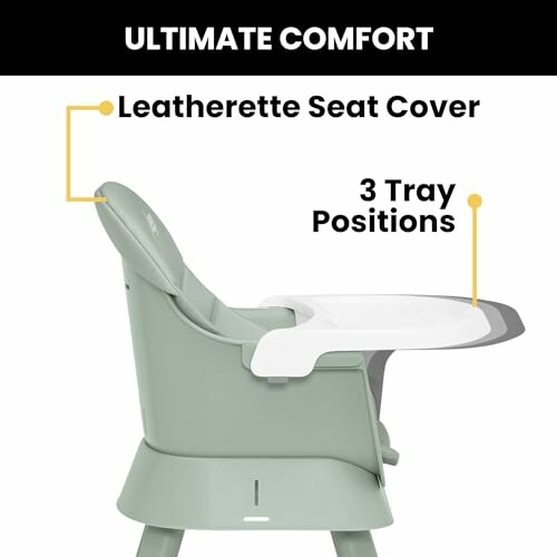 Highchair with leatherette seat cover and three tray positions.