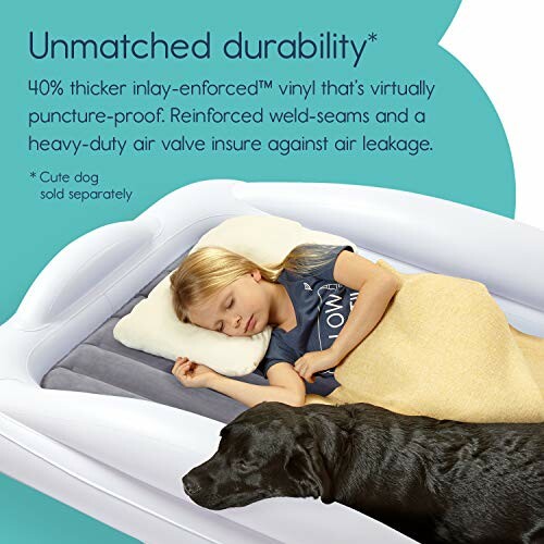 Child sleeping on air mattress with a dog beside.