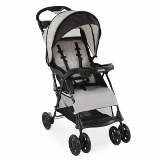 Lightweight baby stroller with canopy and storage basket.