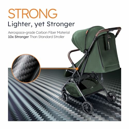 Green stroller made from aerospace-grade carbon fiber, 10x stronger than standard strollers.