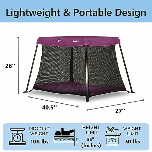 Lightweight and portable playpen with dimensions and weight details.