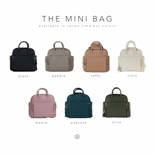 Seven mini bags in different colors: black, pebble, caffe, ivory, mauve, peacock, olive.