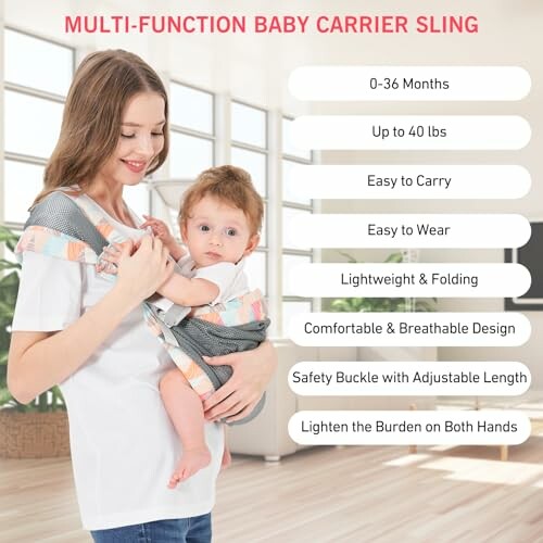 Woman carrying baby in a multi-function sling with features listed.