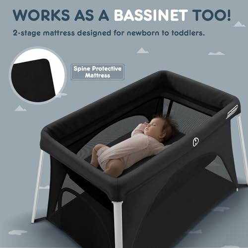 Multi-use bassinet with baby lying inside, featuring a spine protective mattress.