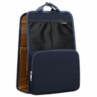 Navy blue travel toiletry bag with multiple compartments and a zippered pocket.