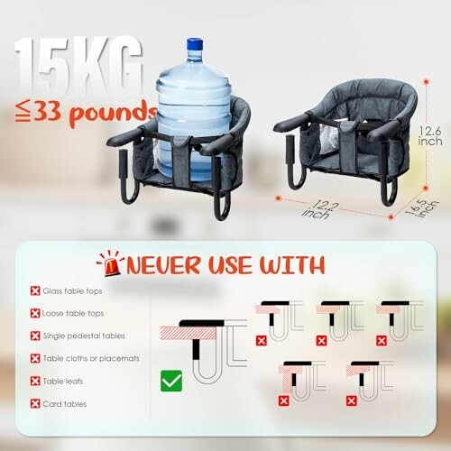 Pet chair weight limit 15 kg or 33 pounds, diagram showing safe and unsafe table types for use.