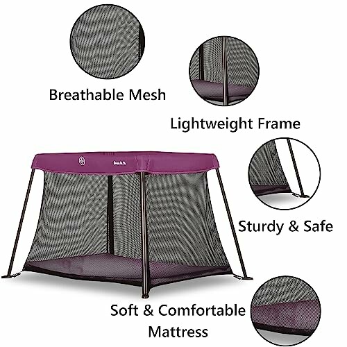 Portable baby playard with breathable mesh, lightweight frame, sturdy design, and soft mattress.