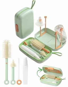 Portable bottle cleaning kit with green case and brushes.