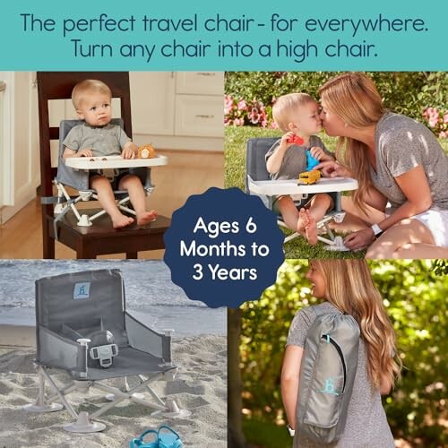 Portable high chair for travel, suitable for ages 6 months to 3 years.