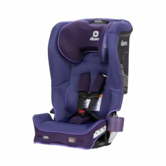 Purple car seat with safety harness