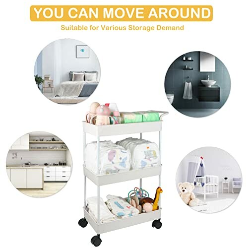 Rolling storage cart with various household item examples.