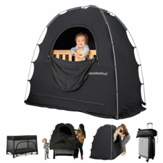 Baby in a black SlumberPod tent with setup examples.