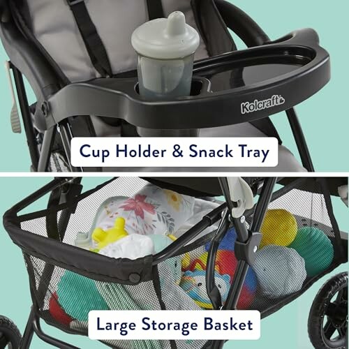 Stroller with cup holder, snack tray, and large storage basket.