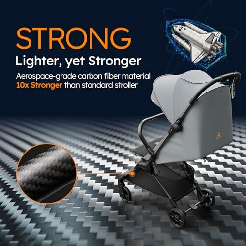 Stroller with aerospace-grade carbon fiber, 10x stronger than standard.