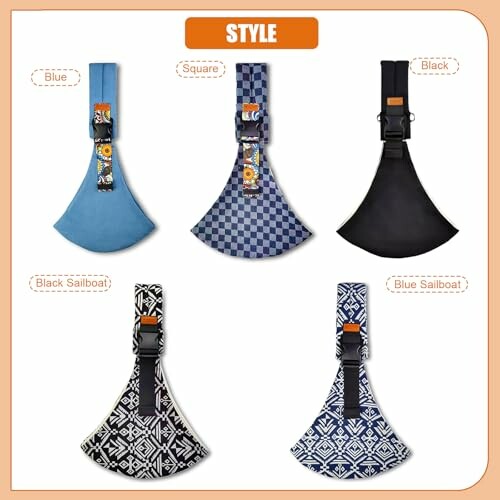 Five different guitar strap styles in blue, square pattern, black, black sailboat, and blue sailboat designs.