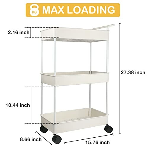 Three-tier rolling cart with dimensions and weight capacity.