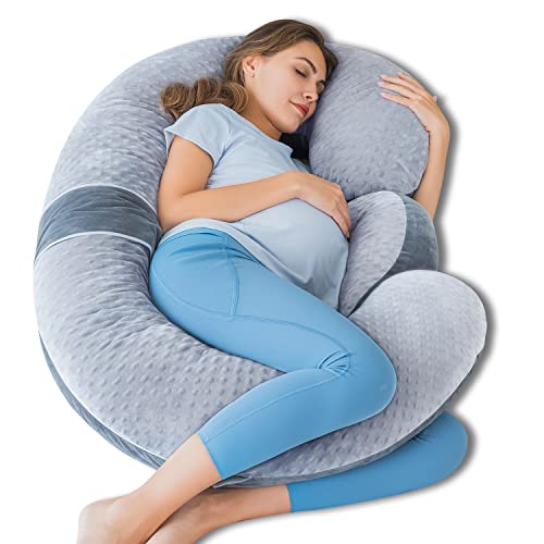 QUEEN ROSE Pregnancy Pillow – E Shaped Pregnancy Pillows for Sleeping, Detachable Body Pillow for Pregnant Side Sleeper, Grey Bubble Velvet, 60in