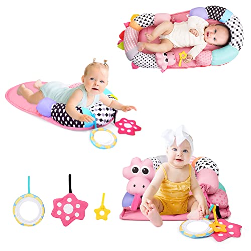 LOVVIE & JOY Baby Lounger 3-in-1 Lying Time &Tummy Time & Seated Support for Newborn, Detachable Baby Pillow Playmat with Toys and Mirror, Newborn Must Have Essentials Baby Registry Search,Pink