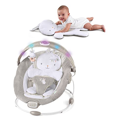 Ingenuity InLighten Baby Bouncer Seat with Light Up Bar and Bunny Tummy Time Pillow Mat – Twinkle Tails, Newborn and up