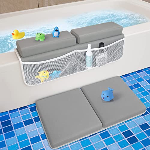 Tiikiy Baby Bath Kneeler and Elbow Rest Pad for Baby Bathing Parents, Painless Foam Mat with Toy Organizer Pockets Support Large Bathtub, Quick Drying, Non-Slip for Baby and Toddler Bathing (Grey)
