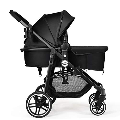 INFANS 2 in 1 Baby Stroller, High Landscape Infant Stroller & Reversible Bassinet Pram, Foldable Pushchair with Adjustable Canopy, Storage Basket, Cup Holder, Suspension Wheels (Black)