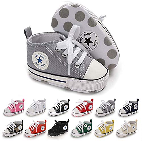 Baby Girls Boys Shoes Soft Anti-Slip Sole Newborn First Walkers Star High Top Canvas Denim Unisex Infant Sneaker (A01-Grey, 6-12 Months)