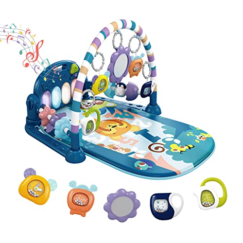 Baby Play Mat Baby Gym,Funny Play Piano Tummy Time Baby Activity Gym Mat with 5 Infant Learning Sensory Baby Toys, Music and Lights Boy & Girl Gifts for Newborn Baby 0 to 3 6 9 12 Months (Blue)