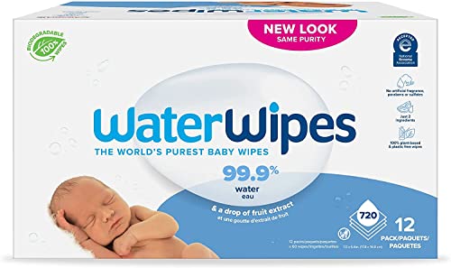 WaterWipes Biodegradable Original Baby Wipes, 99.9% Water Based Wipes, Unscented & Hypoallergenic for Sensitive Skin, 720 Count (Pack of 12)