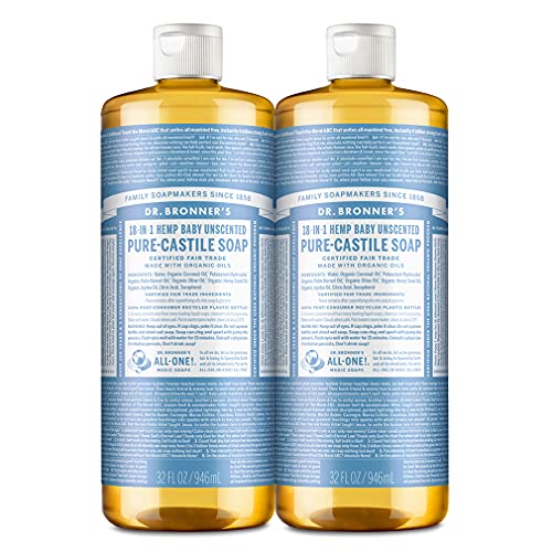 Dr. Bronner’s – Pure-Castile Liquid Soap (Baby Unscented, 32 ounce, 2-Pack) – Made with Organic Oils, 18-in-1 Uses: Face, Hair, Laundry and Dishes, For Sensitive Skin and Babies, No Added Fragrance