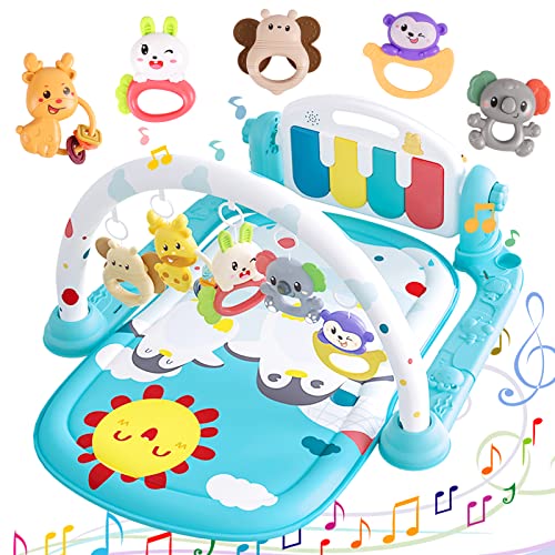 Baby Play Gym Mats, Baby Kick and Play Piano Gym with Music and Lights, Baby Gyms Play Mats for Sensory Exploration and Motor Skill Development, Musical Activity Center for Infants Toddlers (Blue)