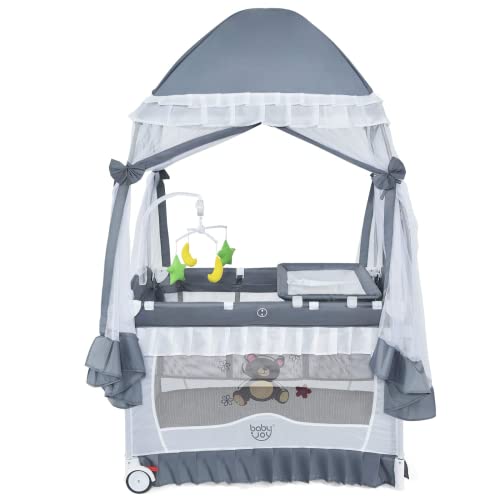 INFANS 4 in 1 Pack and Play, Portable Nursery Center with Bassinet, Adjustable Canopy, Mattress, Diaper Changer, Carry Bag, Whirling Toys and Music Box, Playard for Baby Boy Girl (Light Gray)