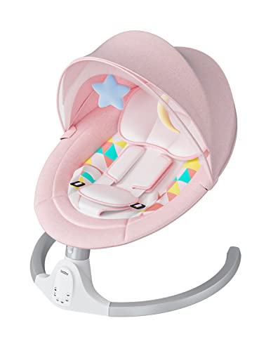 Bioby Baby Swing for Infants,The Five-Point Seat Belt,Bluetooth Touch Screen/Remote Control Baby Bouncer with Music Speaker,Motorized Portable Swing with 5 Swing Speeds（Pink）