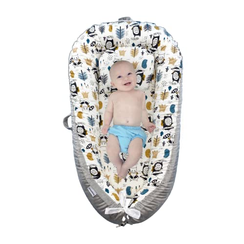 SchatzHonig Baby Lounger nest- 100% Breathable Organic Cotton & Plush Velour, Reversible Cover,Newborn Infant Portable Nest,Floor Seat Travel,Newborn Essential Gift