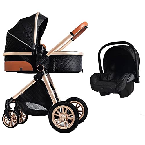 3 in 1 Baby Travel System Baby Stroller Portable Baby Standard Pram Baby Travel Carriage Folding Baby Prams Aluminium Frame High Landscape Car for Newborn (V9 Black-6)