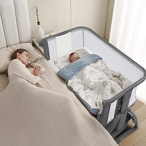 JOYMOR Bedside Sleeper Rocking Bassinet, Height Adjustable Breathable Net Bed Side Baby Cribs with Washable Mattress,Mosquito Net,Storage Basket for Infants, Gray