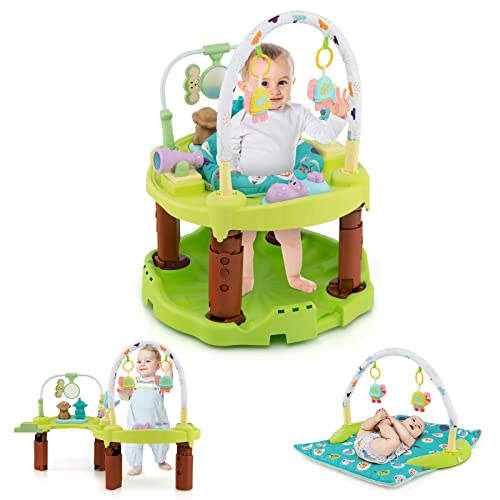 BABY JOY Baby Activity Center, 3 in 1 Saucer Bouncer & Infant Play Mat & Activity Table, 360° Rotating Seat, 3 Adjustable Height & Toys, Foldable Baby Bouncer Activity Center for 0-24 Months (Green)