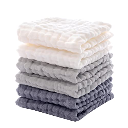 MUKIN Baby Muslin Washcloths – Soft Face Cloths for Newborn, Absorbent Bath Face Towels, Baby Wipes, Burp Cloths or Face Towels, Baby Registry as Shower. Pack of 6 -12×12 inches (Grey)