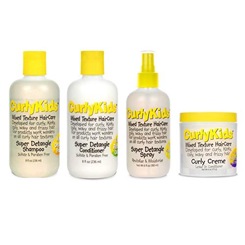 CurlyKids Mixed Hair HairCare Set Super Detangling Shampoo 8.0 Ounce, Conditioner 8.0 Ounce, Spray 6.0 Ounce, Curly Crème Conditioner 6.0 Ounce – 4-Pack