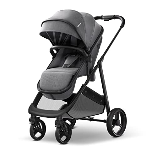 Mompush Baby Stroller with True Bassinet Mode for Newborn and Toddler, Convertible Carriage Bassinet to Stroller, Reversible Seat, Foot Cover and Rain Cover Included, Large Storage Space (Grey)