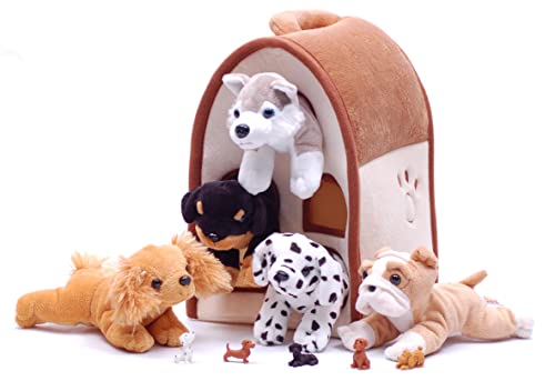 Special Edition Unipak 12″ Plush Dog House with 5 Stuffed Animal Dogs Featuring a Bulldog and Husky and 5 Bonus Mini Dog Figures