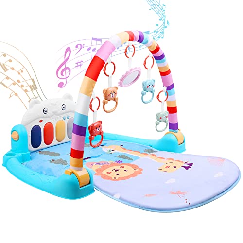 Baby Gyms Play Mats Musical Activity Center Kick & Play Piano Gym Tummy Time Padded Mat, Baby Activity Mat for Newborn Toddler Infants 0 to 3 6 9 12 Months (Blue)