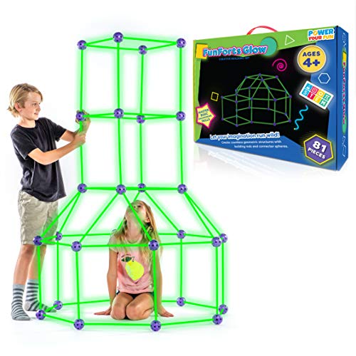 POWER YOUR FUN Fun Forts Glow Fort Building Kit for Kids – 81 Pack Glow in the Dark STEM Building Toys Indoor Outdoor Play Tent for Kids Construction Toys with 53 Rods and 28 Spheres