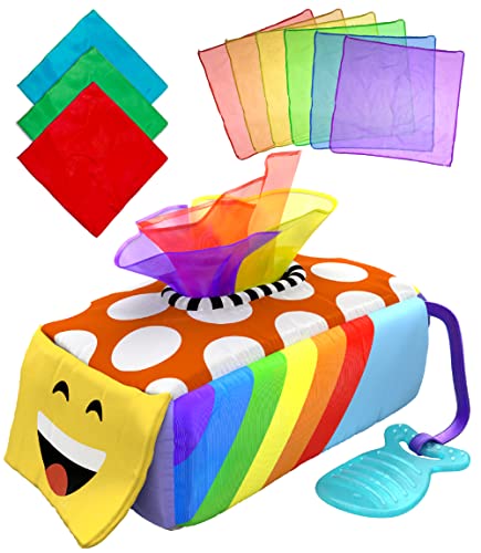 Montessori Tissue Box Sensory Toy for Baby Toddler , Pull, Sort, Crinkle, Colors and Patterns – Gift for 6 Months+, 1 2 3 Years