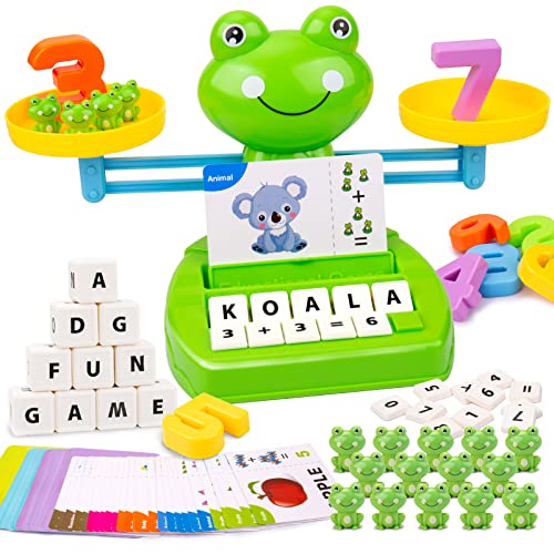 HONGDDY 3 in 1 Educational Toys for Kids 3 4 5 6 7 Year Old, Preschool Learning Activities for Toddlers, Frog Balance Learning Toys with Spelling Counting & Reading, Flash Cards Gifts for Boys Girls