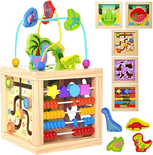 Fajiabao Wooden Activity Cube Blocks 6 in 1 Montessori Toys for 1 Year Old Baby Bead Maze Dinosaur Center Shape Sorter Puzzle for Toddlers 1-3 Learning Toys for 2 3 Boys Girls Birthday Gift