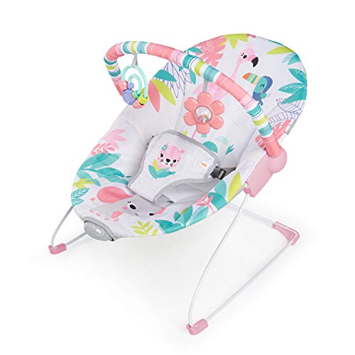 Bright Starts Flamingo Vibes 3-Point Harness Harness Vibrating Baby Bouncer with -Toy bar