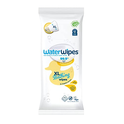 WaterWipes Plastic-Free XL Bathing,Toddler & Baby Wipes, 99.9% Water Based Wipes, Unscented & Hypoallergenic for Sensitive Skin, 16 Count (1 pack), Packaging May Vary