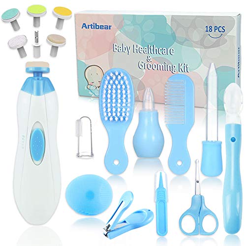 Artibear 18-in-1 Baby Healthcare & Grooming Kit, Portable Nursery Care Set Tools for Newborn Boy & Girl, Include Electric Nails Clipper, Blue