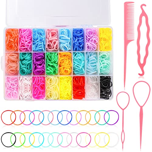 1800 Pcs Colorful Rubber Bands for Hair with 4 Hair Loop Styling Tools, Mini Elastic Hair Ties Small Rubber Bands with Organizer Box Baby Hair Ties Hair Accessories for Girls, 24 Colors