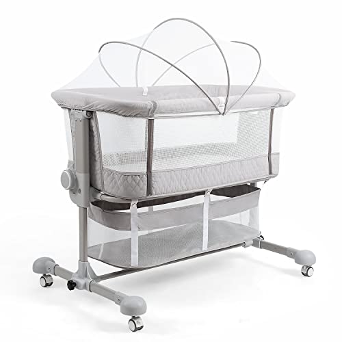 Baby Bassinets Bedside Sleeper, Bedside Crib 3 in 1 Adjustable Travel Baby Bed with Breathable Net and Mattress, Easy Folding Portable Bassinet for Baby (Grey)